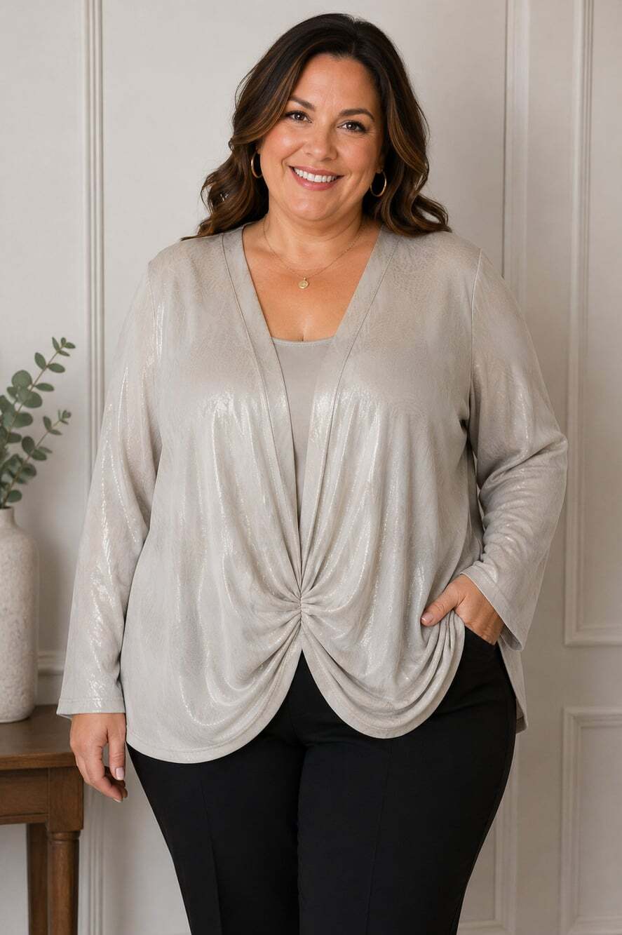 Womens Ivory Gold Shimmer Top 1X Glitter Knit Long Sleeve Party Holiday Blouse